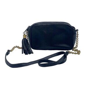 Vintage I. Magnin Black Leather Crossbody Bag With Gold Chain Strap & Tassel Acc